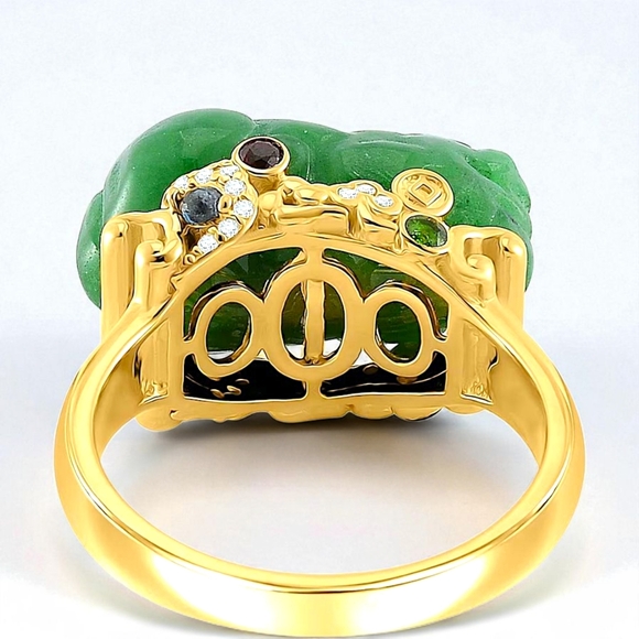 Green Burmese Jade 22.30 ctw & Multi Gemstone Pixiu Ring in 18K YG Vermeil - Picture 4 of 6